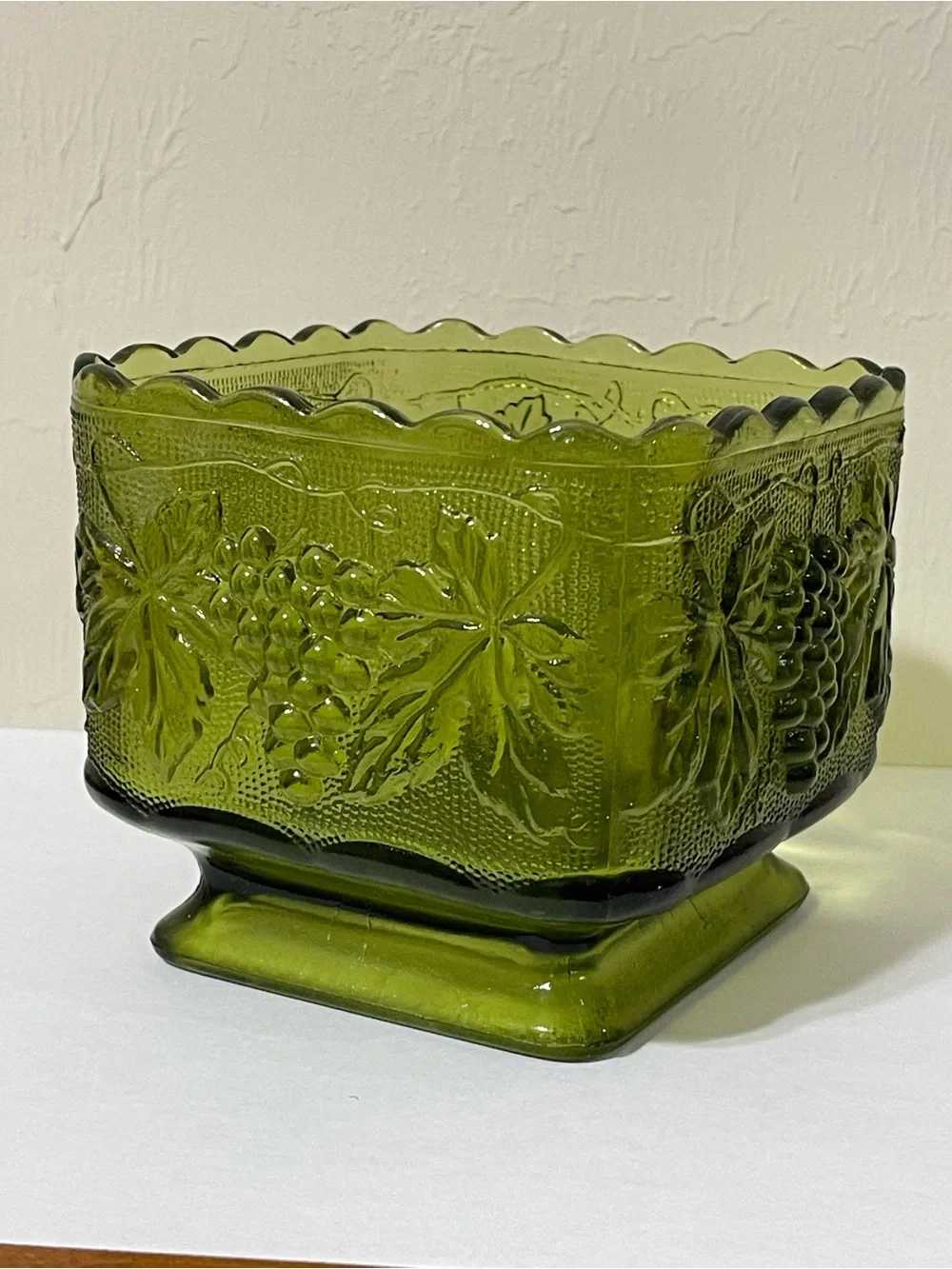 Indiana Glass Pedestal Square Bowl Vase Green Candy Dish Grapes Leaves Scalloped